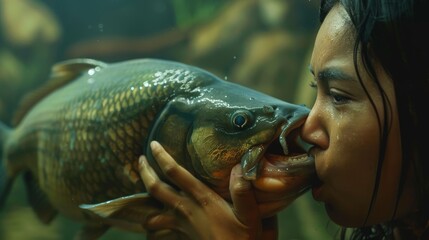 Woman holds a big fish and kisses it