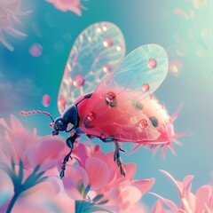 A pastel ladybug gazing lovingly at a delicate flower in a serene garden imagine prompt bright bold colors 8k macro lens 3d