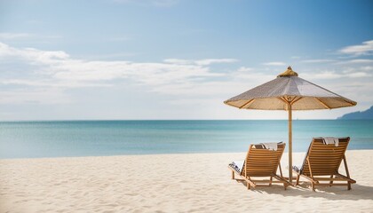 a pristine with white sand adorned with chairs and an umbrella of travel and tourism against a wide panoramic backdrop, chairs and umbrella on the beach