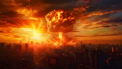 City devastated by atomic bomb explosion during nuclear war. Concept World War III aftermath, Atomic bomb aftermath, Nuclear war consequences, Destruction and recovery, Post-apocalyptic city