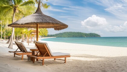 a pristine with white sand adorned with chairs and an umbrella of travel and tourism against a wide panoramic backdrop, lounge chairs on the beach