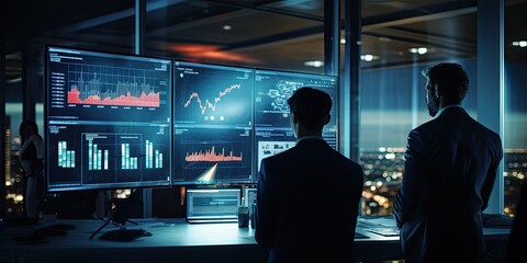 Analyzing the Markets: Serious Professionals Focus on Multiple Computer Screens Displaying Financial Data