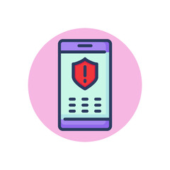 Error notification on phone screen line icon. Failed-on, wrong, phishing attack, shield outline sign. Phone repair, service concept. Vector illustration, symbol element for web design