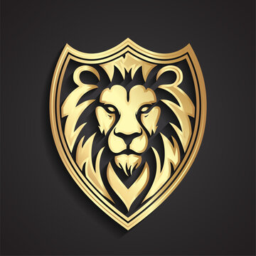 3d gold lion head on shield heraldry logo symbol
