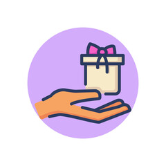 Gift in human hand line icon. Shop customer holding present box outline sign. Sale, discount, bonus concept. Vector illustration for web design and apps