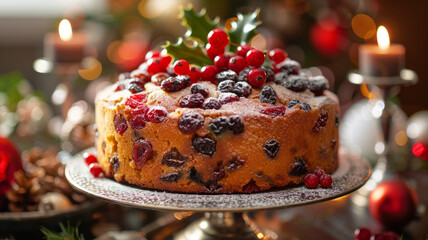 A Christmas fruitcake with berries