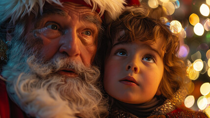 Obraz premium Santa with young boy, holiday background.