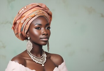 Close-up portrait of black african bride with jewelry on pastel background with copy space