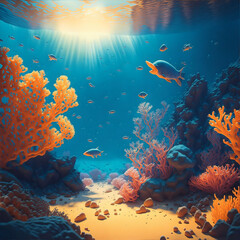 Underwater scene with fishes. Underwater panorama of coral reef and tropical fish at sunset.