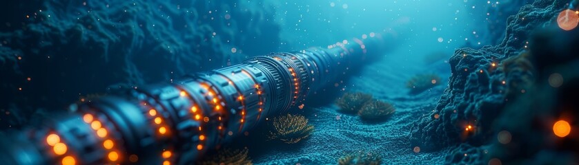 Futuristic underwater structure glows, the subsea telecommunications cable glows in the dark ocean depths.