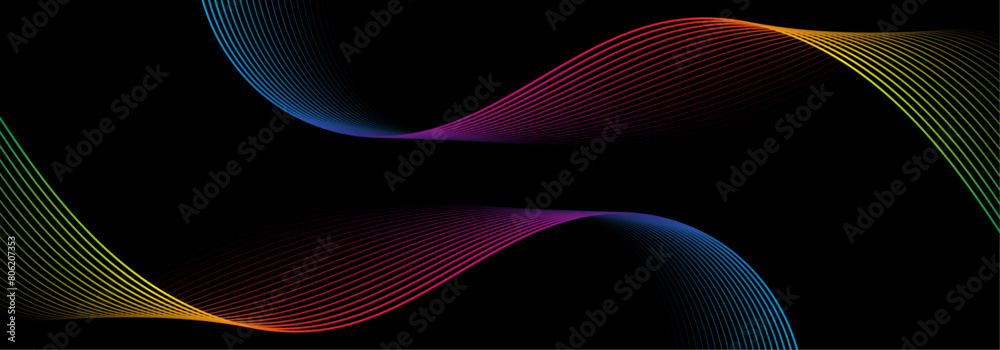 Aufkleber Black abstract background with a glowing rainbow wave pattern, smooth curves flowing dynamic gradient light. Vector illustration of the concepts of digital technology, communication, music equalizer