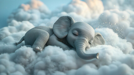 A grey elephant is sleeping on a cloud.