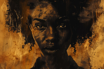 Artistic female portrait. Gaze of beautiful black woman, brown tones.