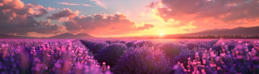 Serene sunset over a lavender field with a magical glow