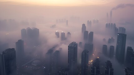 Bustling futuristic city under hazy sky with buildings obscured by thick PM 25 dust clouds and neon lights flickering through the pollution