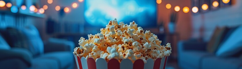 Fototapeta na wymiar Popcorn in red and white striped bucket with cozy home theater setup with ambient lighting and a vibrant screen
