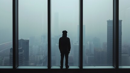 Fototapeta premium Lone Figure Gazes Out at Hazy Cityscape from High Rise Window