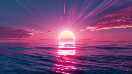 The setting sun casts a pink glow on the ocean.