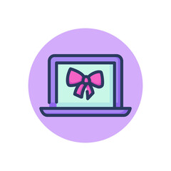 Laptop pc with gift ribbon line icon. Computer with present bow on display outline sign. Promotion, internet, communication concept. Vector illustration, symbol element for web design