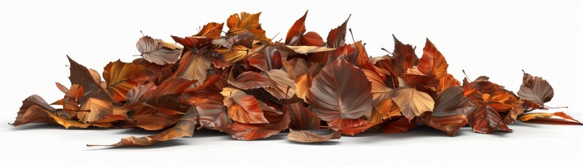 Autumn leaves pile with a standout blank tag on a white background