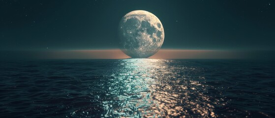 The full moon is rising over the ocean. The water is calm and still. The sky is dark and clear.