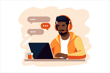 Black skinned man sitting with laptop. Concept remote working, studying, education, work from home. Flat. Vector illustration