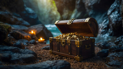 Pirate's treasure chest concealed within a hidden cave, shrouded in mystery and adventure