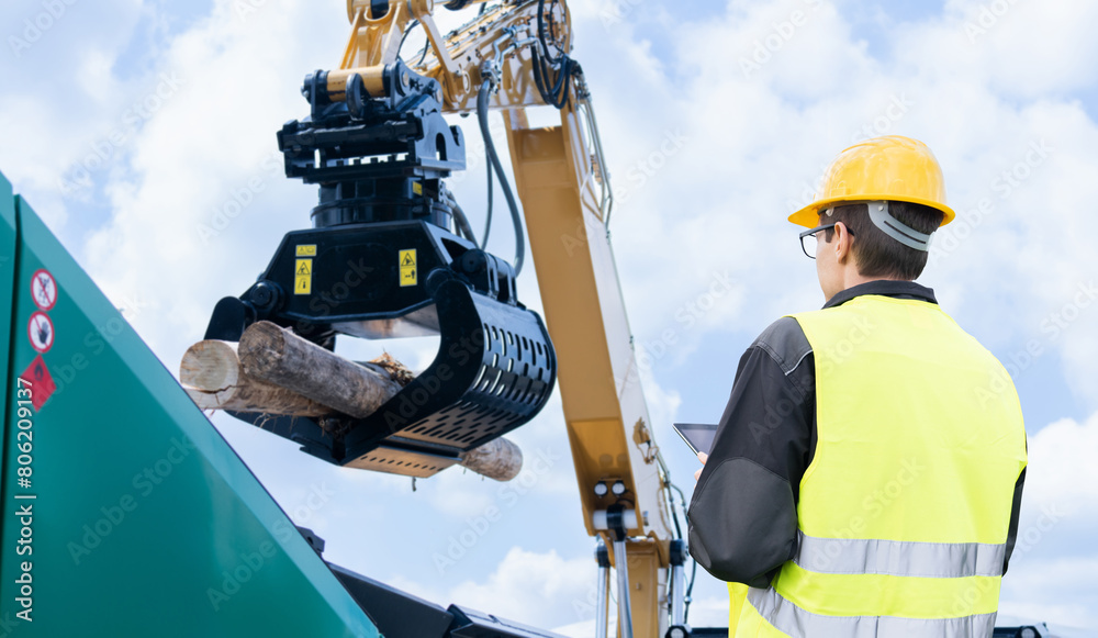 Poster Worker with digital tablet controls process of loading timber