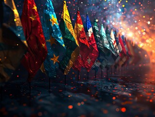 flags of the world blowing in the wind