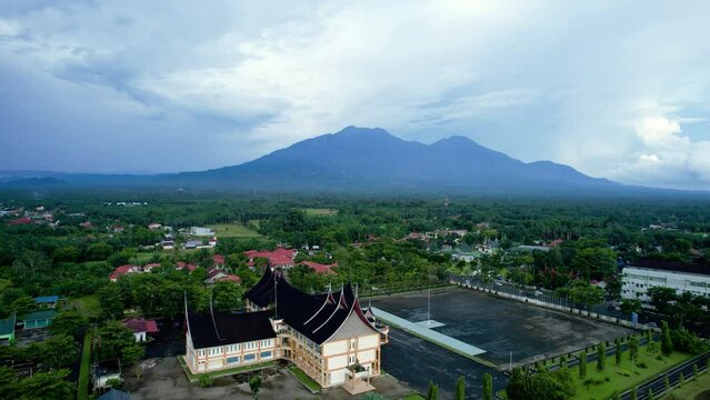 Establish Aerial the regent's office with the beautiful backdrop of Mount Pasaman Talamau in West Pasaman Regency