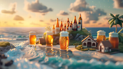 Coastal Beer Tasting Event: Craft Beer Icons in Isometric Sunset Scene by the Beach