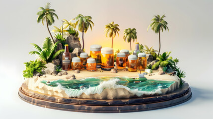 3D Icon: A Coastal Beer Tasting Event by the Beach with Craft Beers and Sunset in Isometric Scene