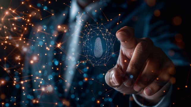 Businessman presses finger to identify fingerprint, innovative technology, digital cyber security. Security of personal data.