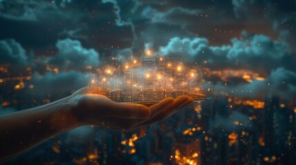 Hand holds tablet with digital projection of Smart city with smart services and icons, internet of things, networks and augmented reality concept. Night city.