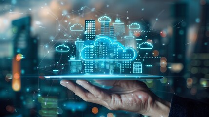 Hand holds tablet with digital projection of Smart city with smart services and icons, internet of things, networks and augmented reality concept. Night city.