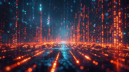 Binary data city. 3D rendering of an abstract track through digital binary towers in the city. Big data concept, machine learning, artificial intelligence, hyperloop, virtual reality.