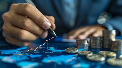 Analyzing global financial growth through interactive digital graphs displayed on a world map, showcasing economic trends and investment opportunities