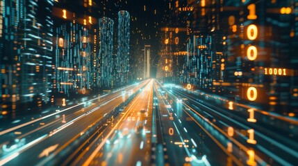 Fototapeta premium Binary data city. 3D rendering of an abstract track through digital binary towers in the city. Big data concept, machine learning, artificial intelligence, hyperloop, virtual reality.