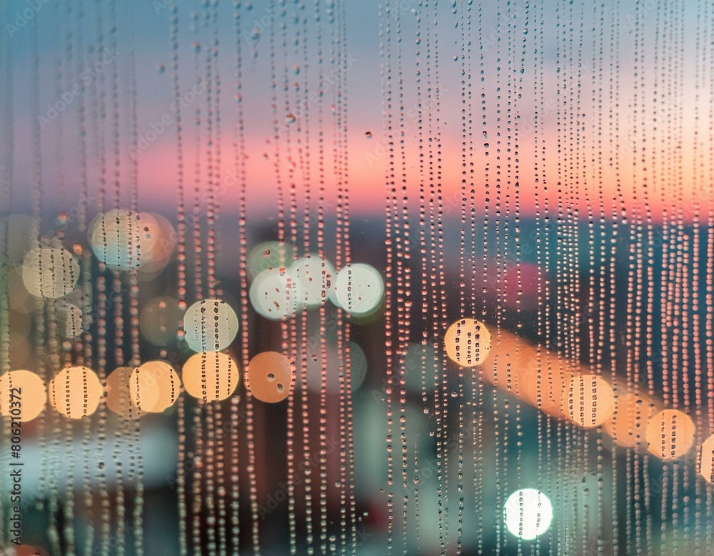 Wall mural a close-up of raindrops on a window with the cityscape in the background blurred into colorful bokeh