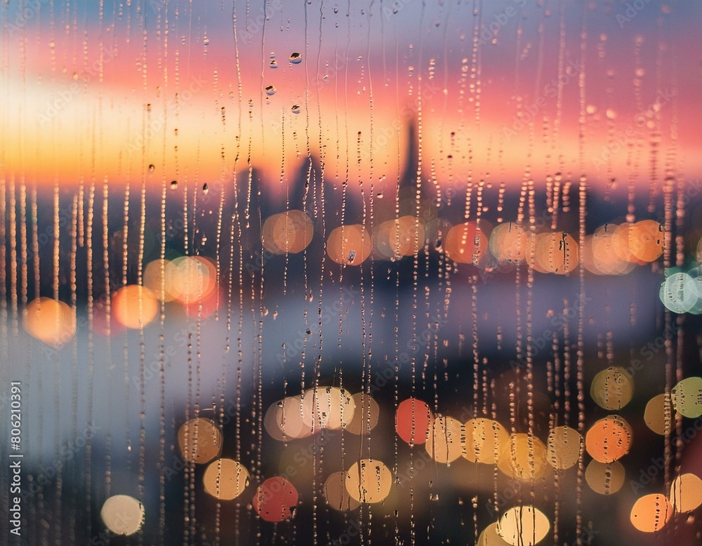 Wall mural a close-up of raindrops on a window with the cityscape in the background blurred into colorful bokeh