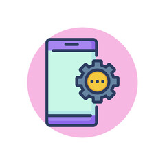 Smartphone with gear line icon. Cog, cogwheel, setup outline sign. Phone repair, service, breakdown concept. Vector illustration, symbol element for web design and apps