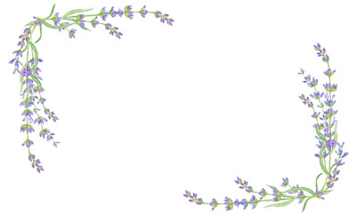 Purple lavender flower in Watercolor. Floral  corner border for invitations, greeting and wedding cards