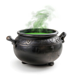 Cauldron with green magic boiling potion toxic poison soup , isolated on white background