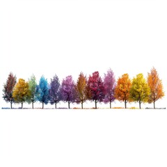 A row of colorful autumn trees isolated on white background genrative AI