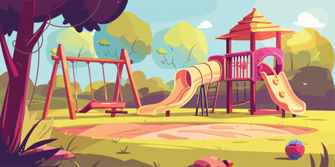 Cartoon Kids Playground with Slides, Swings, and Sandbox