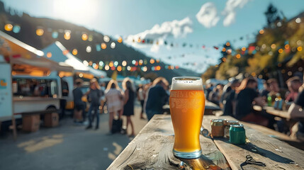 Vibrant Beer Festival Celebration with Revelers Enjoying Brews, Live Music, and Food Trucks in...