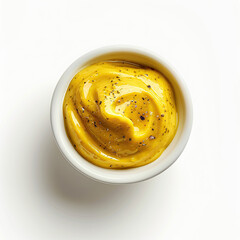 Top view of Mustard in white bowl isolated on white background
