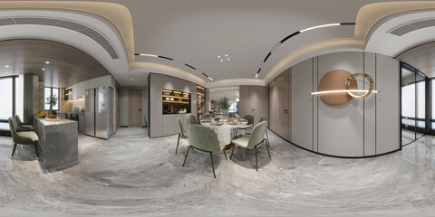 360 degrees luxury home living room dining space, 3d render - obrazy, fototapety, plakaty