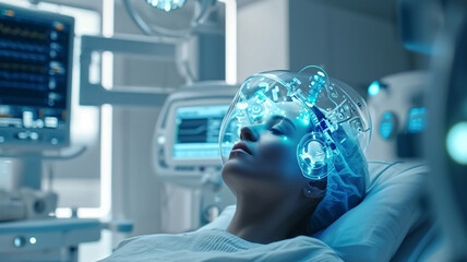 A woman lies in a futuristic medical environment, connected to a sophisticated brain scanning device illuminating her head.