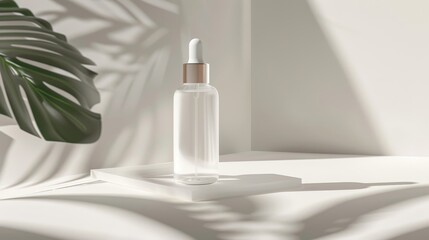 A clear glass dropper bottle with a silver lid is sitting on a small white pedestal. There is a large green leaf with serrated edges on the left side of the bottle.